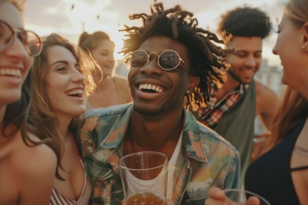 Multiethnic group of friends having party on rooftop