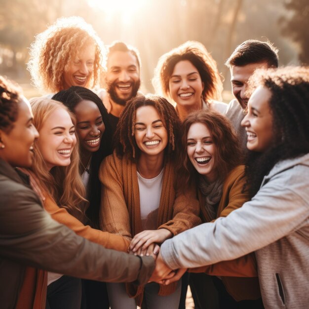 Multiethnic group of friends holding hands and smiling happily outdoors