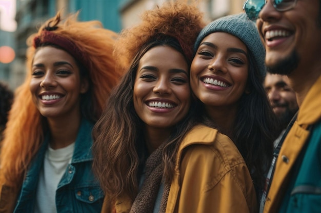 Foto gruppo multietnico di amici felici per strada