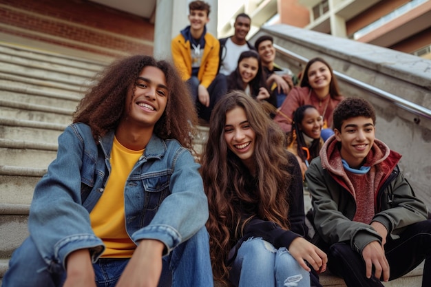 Multiethnic group of happy students on a break Young people laugh sitting on the stairs