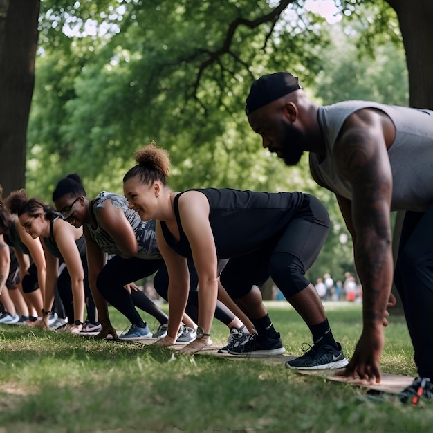 Photo multiethnic group of people doing push ups together in park