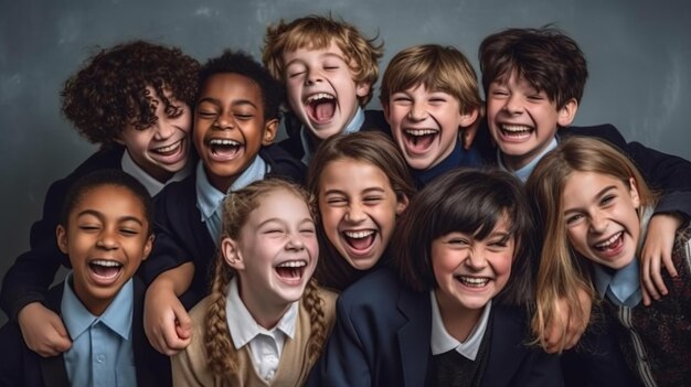 Multiethnic group of school children laughing and playing in park background for children's day Generative ai