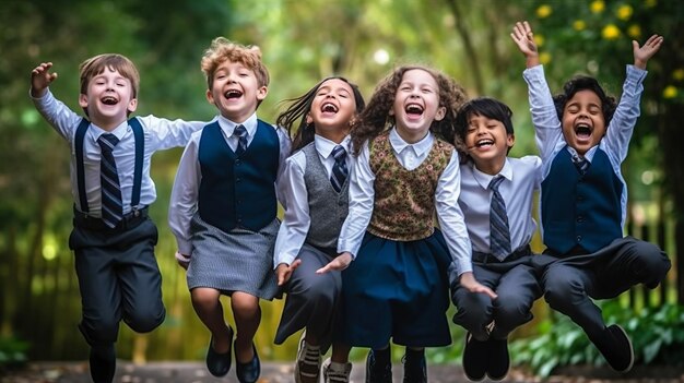 Multiethnic group of school children laughing and playing in park background for children's day generative ai