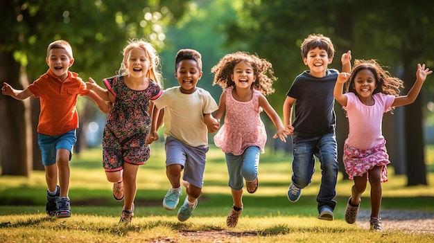 Multiethnic group of school children laughing and playing in park background for children's day Generative ai