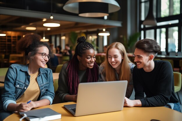 Multiethnic group of students sitting at the library table and studying together