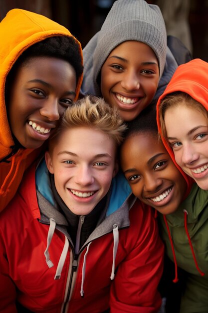 Foto gruppo multietnico di adolescenti che sorridono insieme