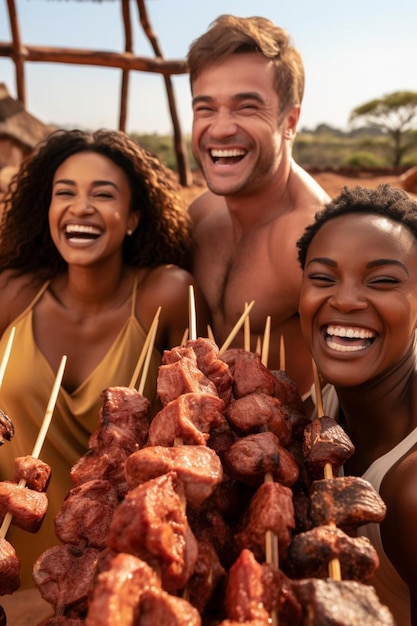 Foto giovani multietnici gioiosi che scherzano all'aperto al barbecue mangiando spiedini di carne e divertendosi