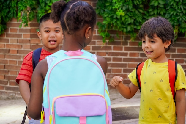 Multiethnic kids meeting at the school entrance