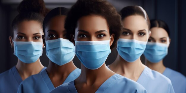 Photo multiethnic medical doctors in masks and medical hats looking at camera standing in row one by one