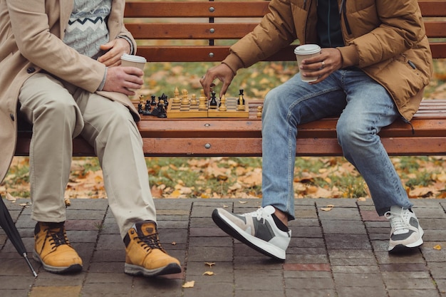 Multiethnic men teacher and student playing chess in autumn park on a bench