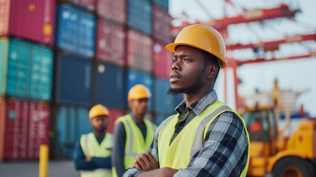 Multiethnic men and women working at shipping port with containers in background logistics group