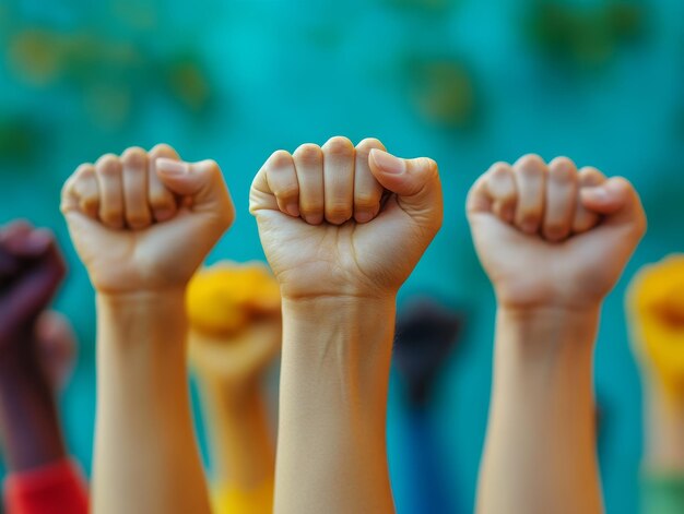 multiethnic people raising fists in the air