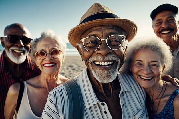 Multiethnic seniors soaking up beach life Generative AI illustration