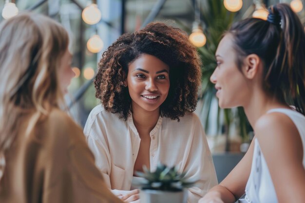 Photo multiethnic teamwork talking about the project and doing brainstorming in a modern bright office business women concept