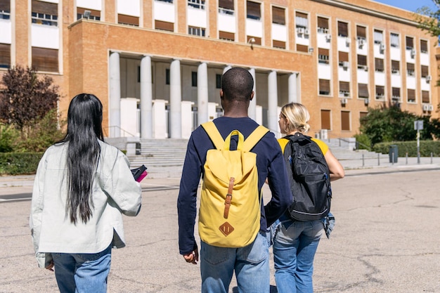 multiethnic university students walking towards university building