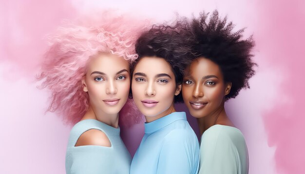 Multiethnic women with bright hairstyles in studio world cancer day concept