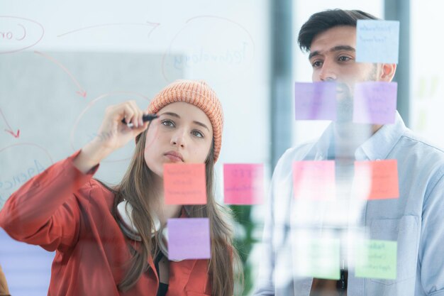 Multiethnic young business people brainstorming on a project by writing on the glass wall