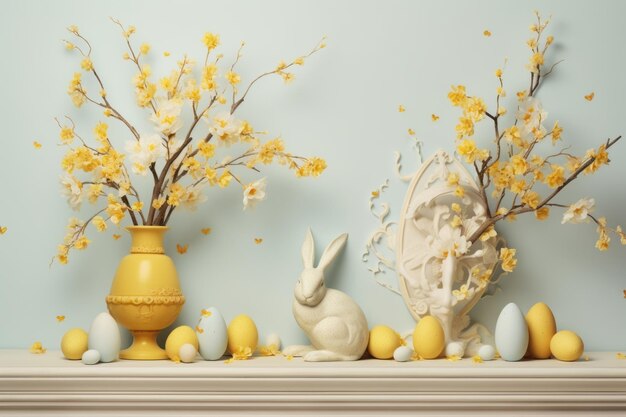 A multifaceted easter composition podiums branches eggs bunny and mimosa blossoms dancing on a