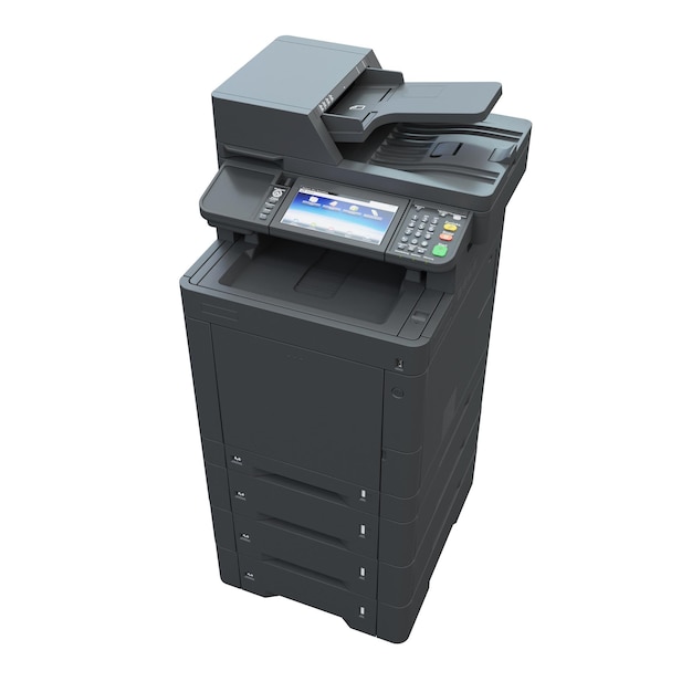 Multifunctionele printerscanner. Geïsoleerd Office professionele technologie Computerapparatuur. 3D illustratie