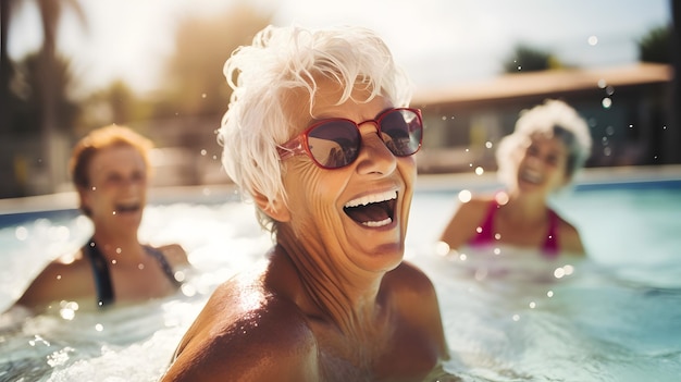 MultiGenerational Bonding Joyful Older Woman Enjoys Pool Time with Two Y