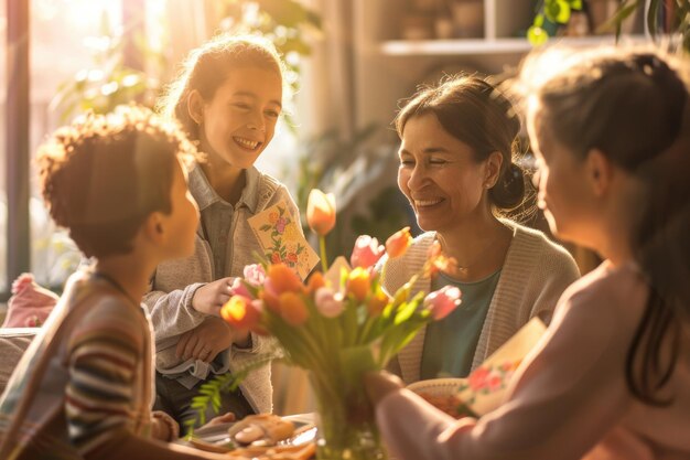 Famiglia multigenerazionale che si gode un momento di sole, risate con i tulipani in una vivace giornata primaverile.