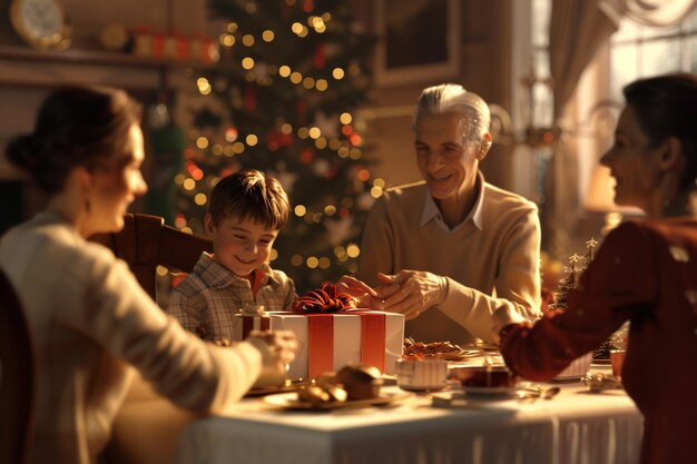 Multigenerational family exchanging gifts during a