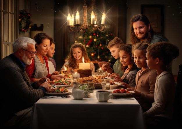 Foto una riunione di famiglia multigenerazionale per un pasto festivo