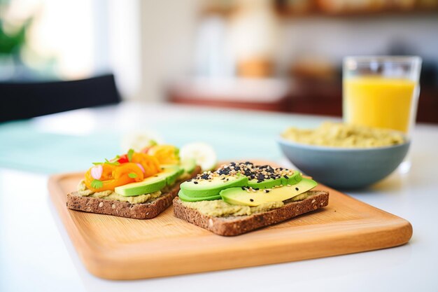 Multigrain bread with sliced avocado and a dollop of hummus