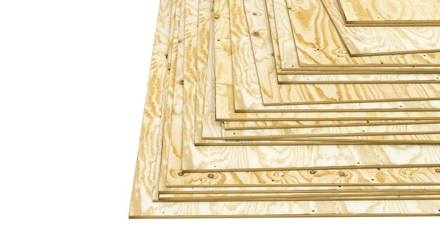 Multilayer wood panels piled on a white background. 3d render.