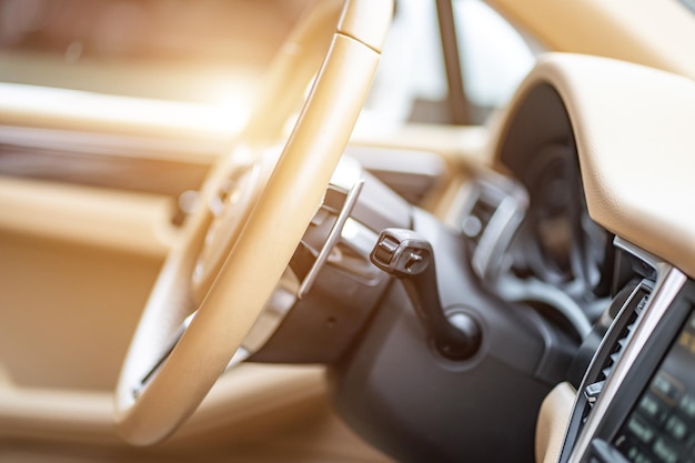 Multimedia control panel on the steering wheel of a modern car