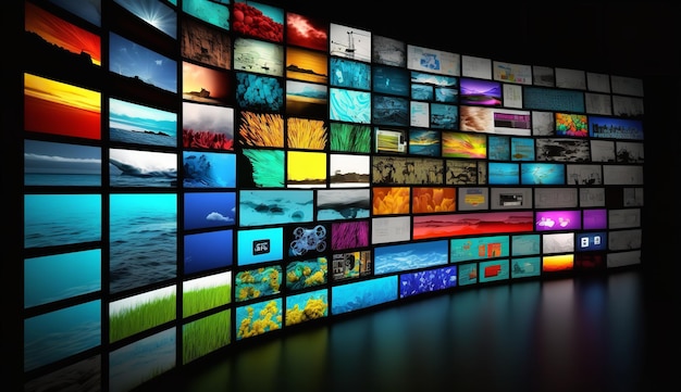 Multimedia video wall with pictures on various TV screens monitor program broadcasting bright colorful multicolored technology display media communication background Generative Ai