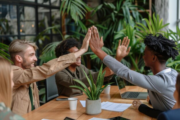 Foto multinationaal team viert een succesvolle brainstormsessie voor het oplossen van problemen