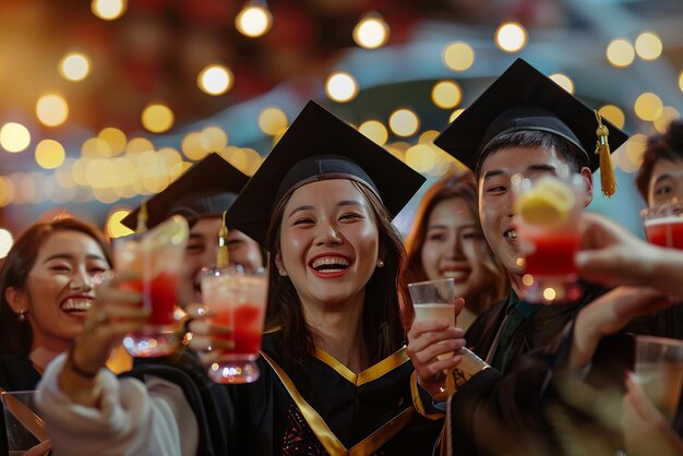 Photo multinational graduates toasting drinks in ecstasy