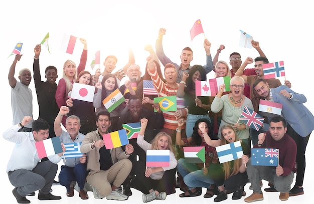 Multinational group of people with their national flags