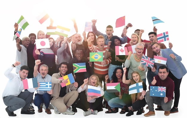 Multinational group of people with their national flags