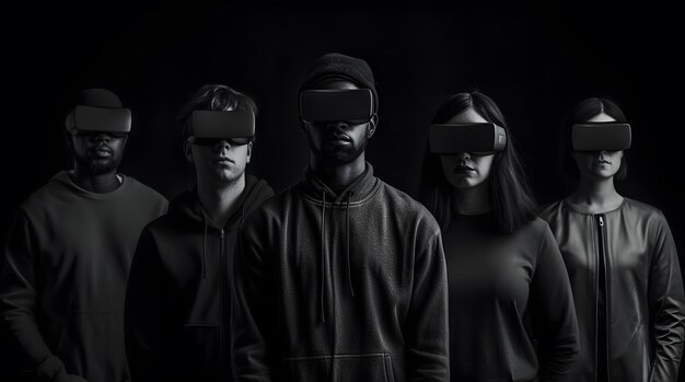 Многонациональная группа стильных молодых людей в очках виртуальной реальности стоит у темной стены. Создано с помощью технологии генеративного искусственного интеллекта.