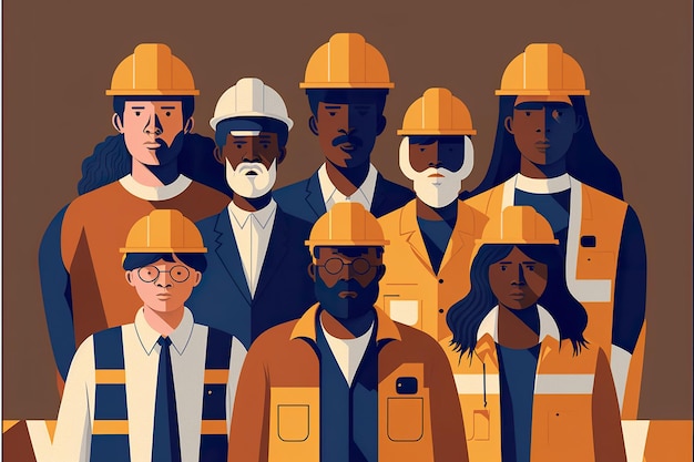 Multinational group of workers flat illustration