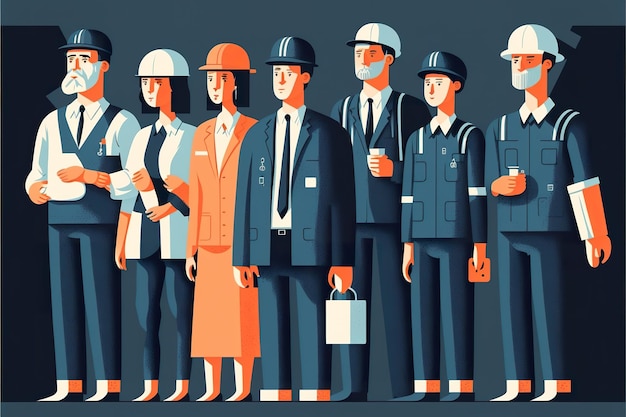 Multinational group of workers flat illustration