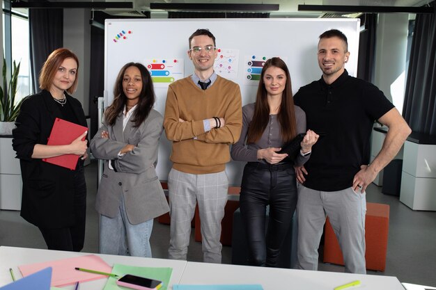 Multinational startup team poses for the camera in the office