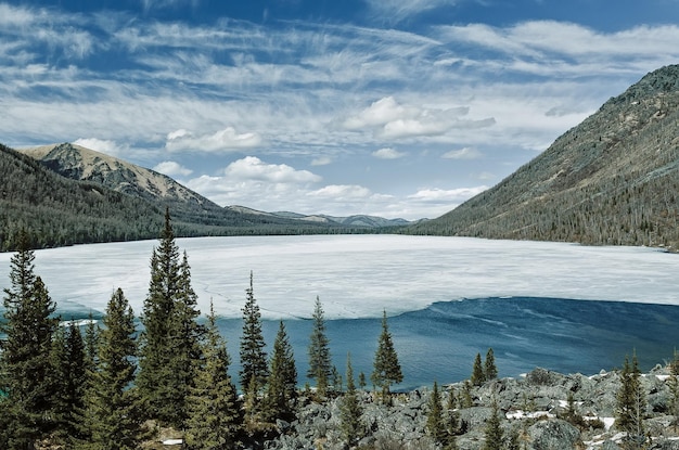 Multinskoe lake with snow Altai mountains