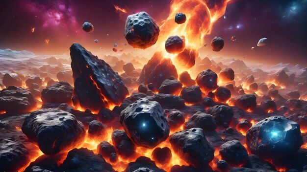 Foto molti asteroidi galleggiano nello spazio sullo sfondo di colorate nebulose