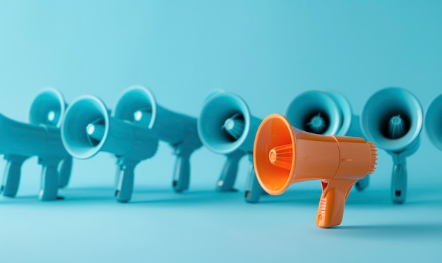 Multiple blue megaphones arranged in rows on a light cyan background with one orange loudspeaker standing out from the crowd The concept conveys creativity and individuality among many people