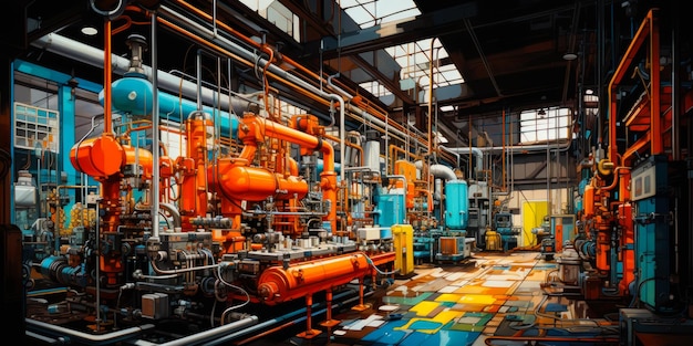 複数の青とオレンジのパイプが産業工場の敷地内で製造工場のインテリアに AI を生成します