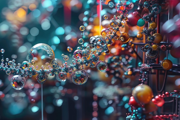 Photo multiple bubbles in various sizes and colors floating in midair a complex illustration of molecular machines at work ai generated