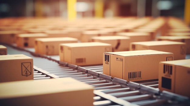 multiple cardboard box packages seamlessly moving along a conveyor belt in a warehouse fulfillment center a snapshot of ecommerce delivery automation and products