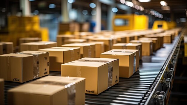 Multiple cardboard box packages seamlessly moving along a conveyor belt in a warehouse fulfillment