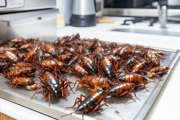 Multiple cockroaches congregating on a metal tray in the kitchen