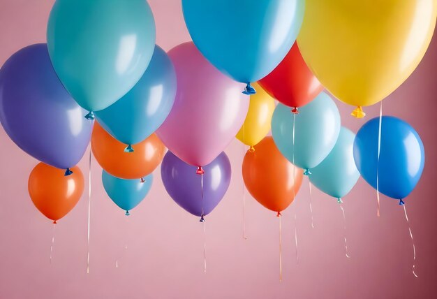 Multiple colorful balloons with strings hanging down against a light background