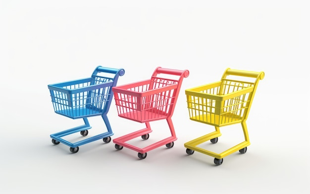 Multiple Colorful Shopping Cart 3D Icon Cartoon Style Isolated on White Background