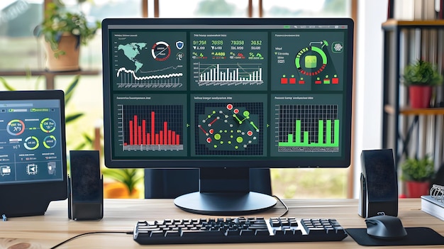 Photo multiple computer screens and monitors showing different charts and graphics in the style of data visualization to convey the concept of data